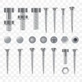 Set of 3d realistic metal screws, stainless steel bolts, nuts, rivets and nails isolated on a transparent background. Royalty Free Stock Photo